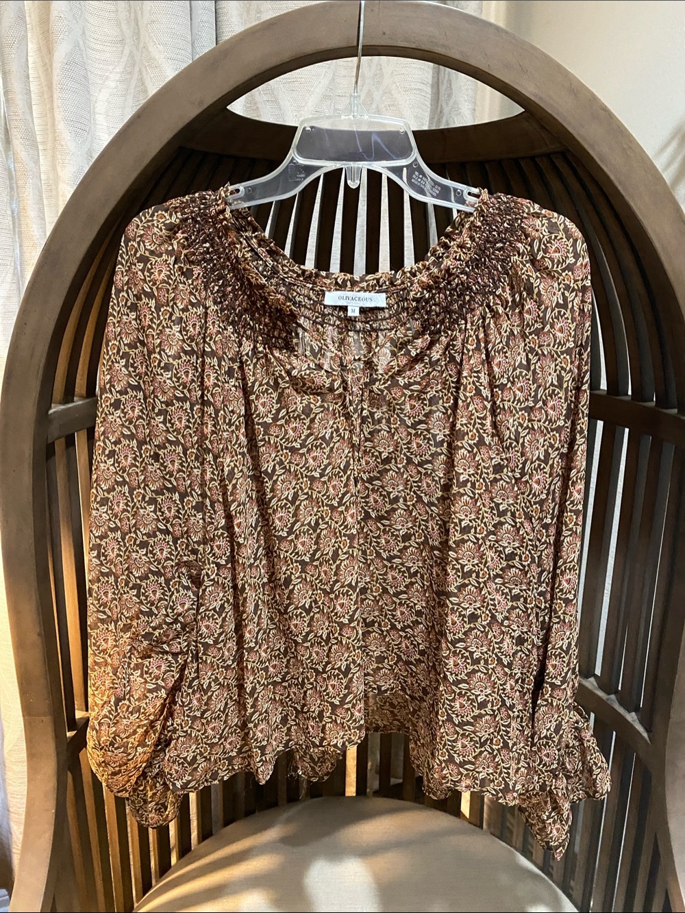 Olivaceous Brown Floral Smocked-Neck Peasant Blouse